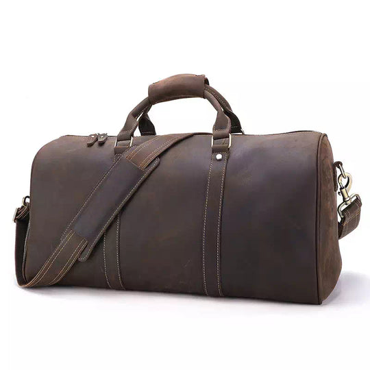 Men's vintage-style dark brown Crazy Horse leather duffle