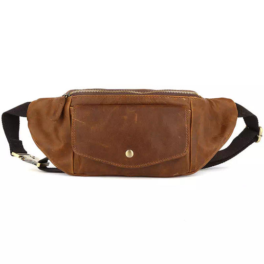 High-grade men's brown leather waist pouch with vintage charm