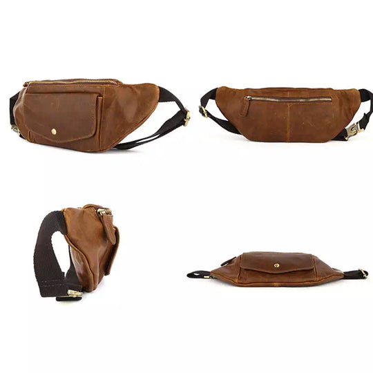 Vintage-inspired brown leather belt bag for men