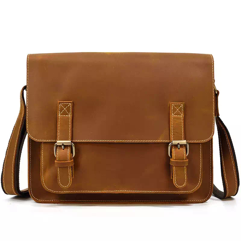 Men's rustic brown leather messenger bag in crazy horse style