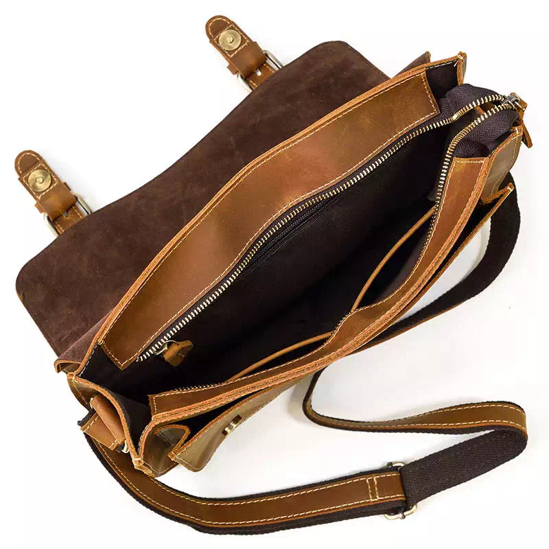 Stylish brown crazy horse leather messenger bag for him