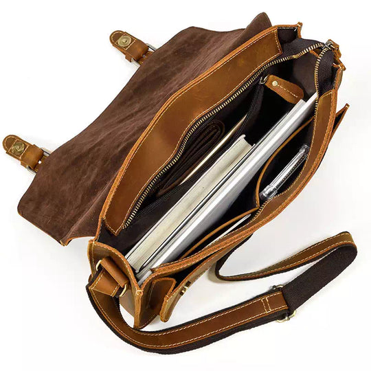 Brown men's crazy horse leather messenger bag