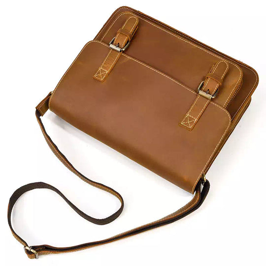 Retro style brown crazy horse leather messenger bag for men