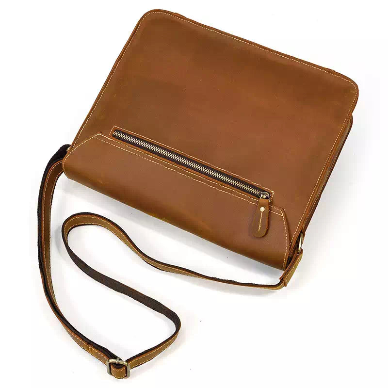 Vintage-inspired brown crazy horse leather messenger bag