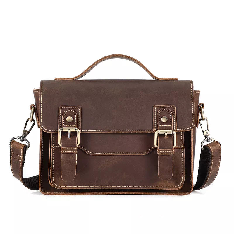 Men's classic leather satchel with shoulder strap in small size