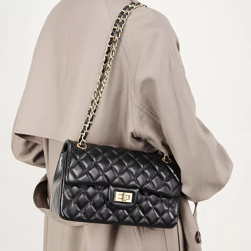 Where to buy timeless quilted black leather shoulder bags with chains