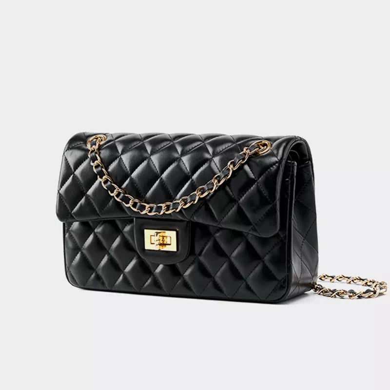 Reviews of women's quilted black leather shoulder bags with chain