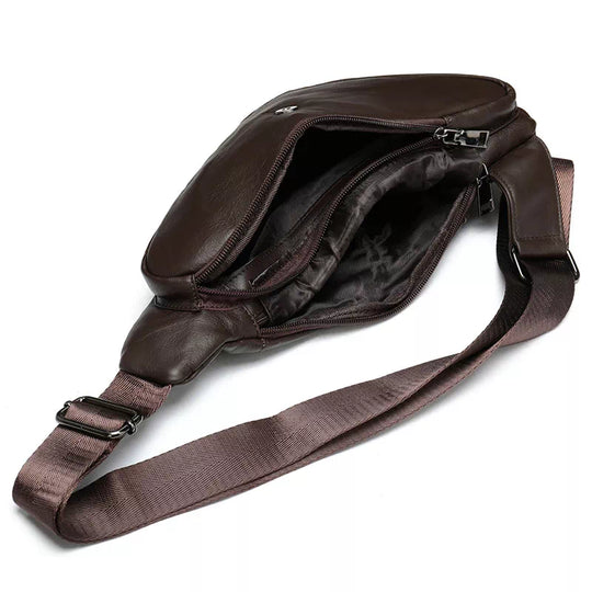 Men's leather sling backpack with customizable strap