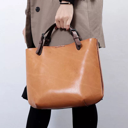 Handmade vegetable-tanned leather tote bag