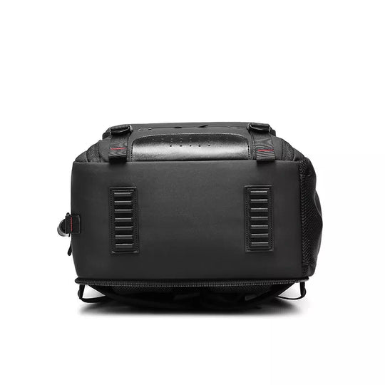 Charging port backpack with expandable compartments in black