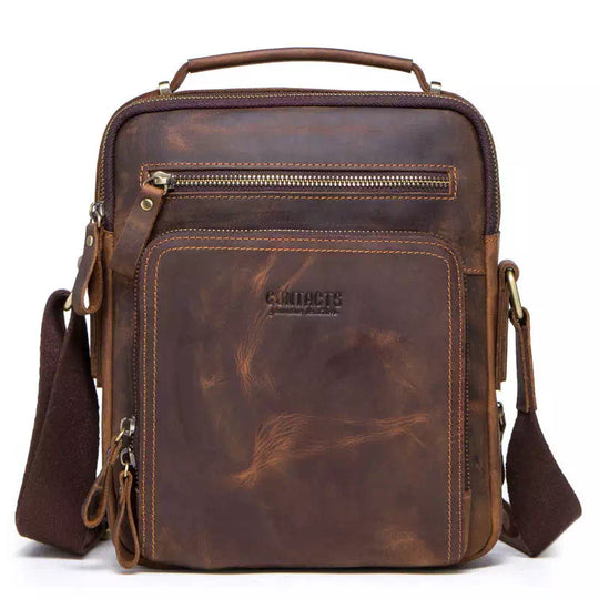 Men's brown Crazy Horse leather sling bag with crossbody design
