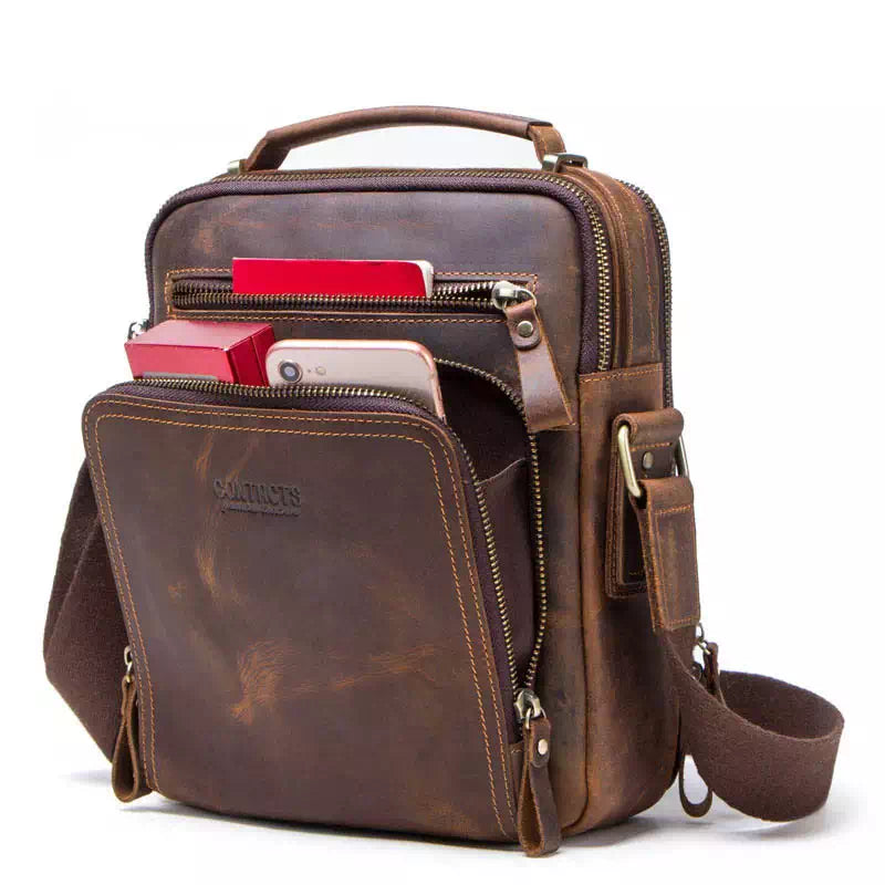 Stylish Crazy Horse leather crossbody bag for men in brown