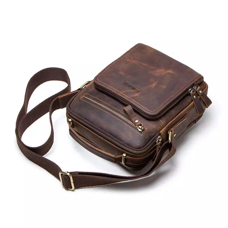 Brown men's messenger bag with Crazy Horse leather crossbody strap