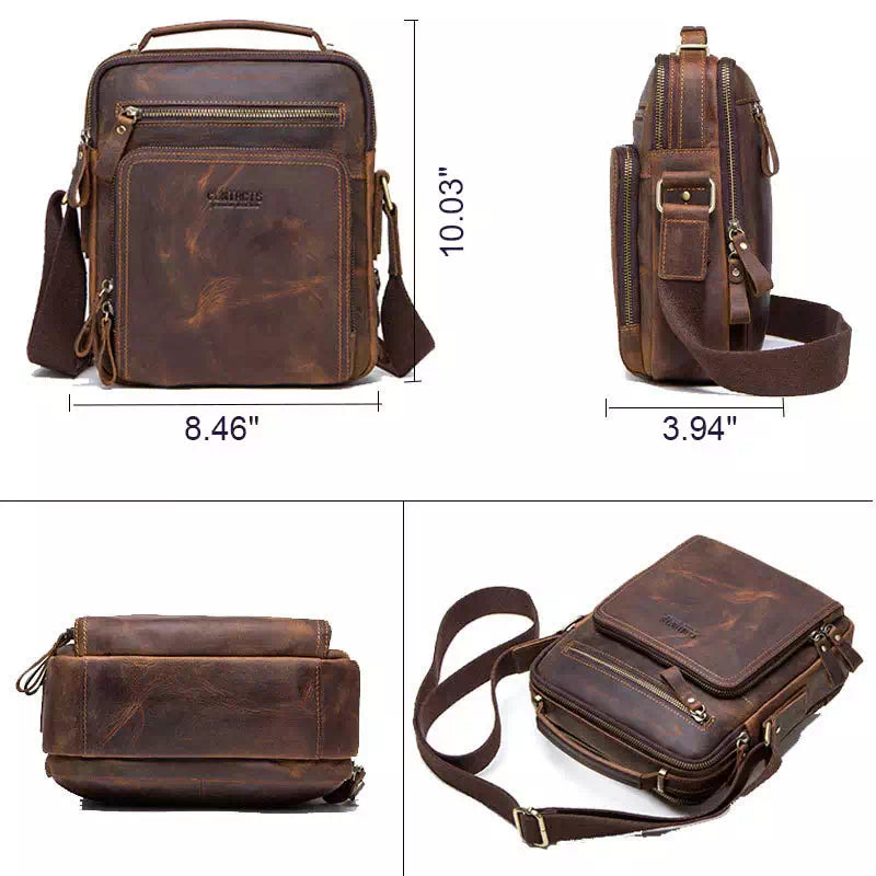 Men's brown leather crossbody bag featuring Crazy Horse texture