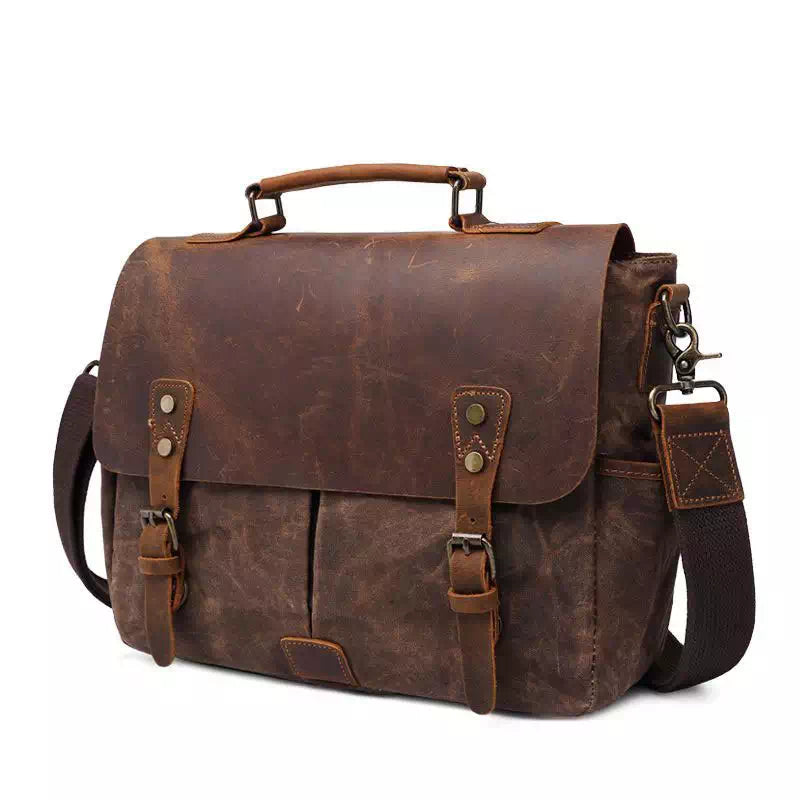 Stylish waxed canvas messenger bag for men in dark brown