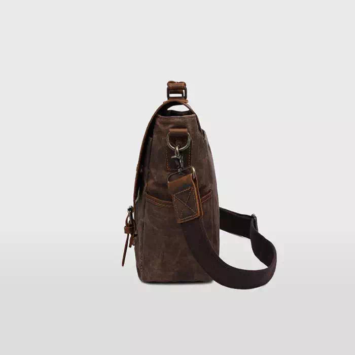 Modern dark brown waxed canvas crossbody bag for men