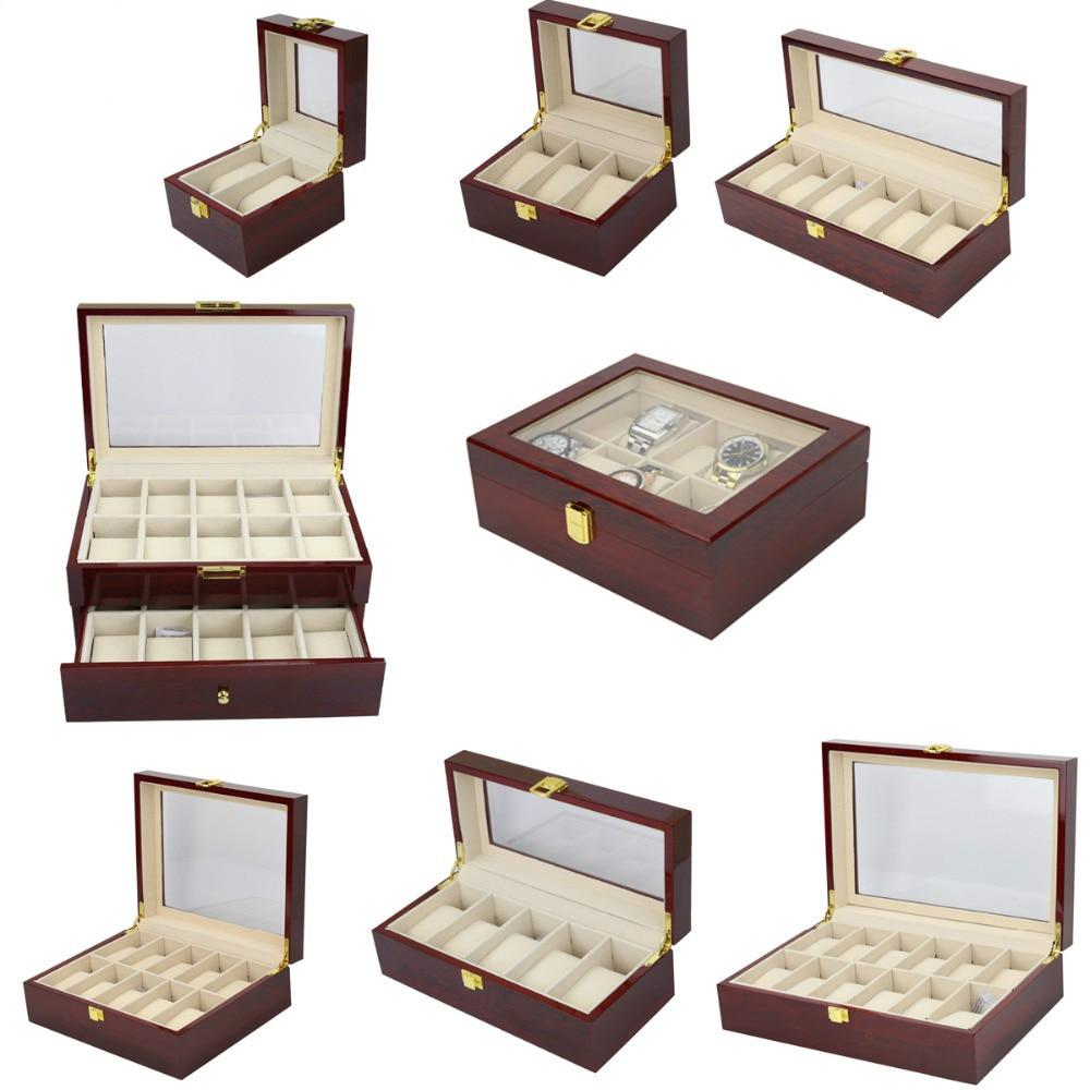 Brown Multi-Grid Luxury Wooden Watch Box Organizer - Leather Purse Backpack