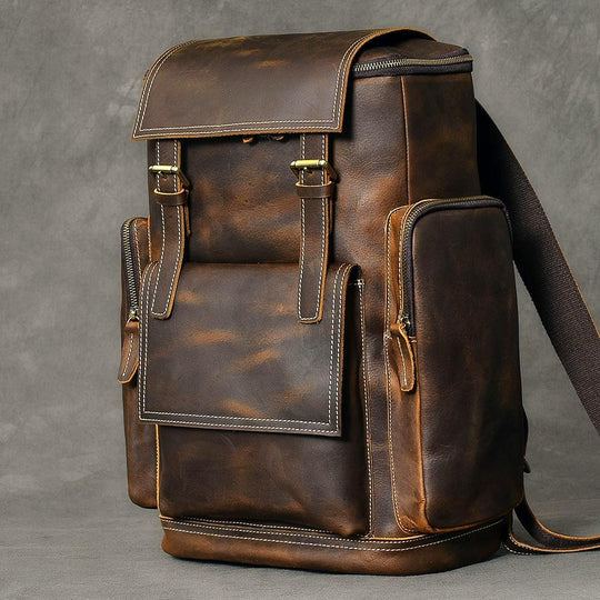 Men's retro brown leather backpack for extensive travel 36-55L
