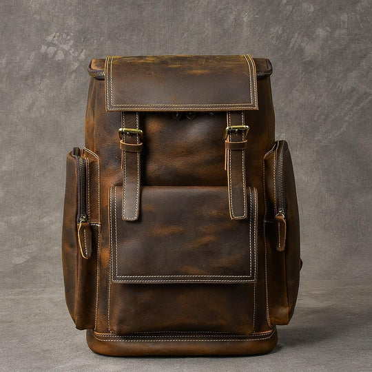Retro style brown leather travel daypack 36-55L