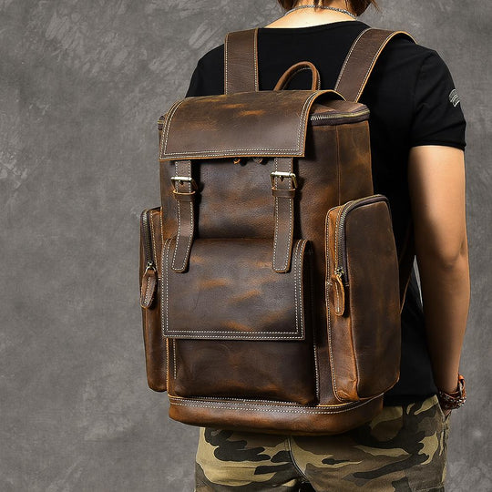 Retro brown leather travel backpack with 36-55L capacity