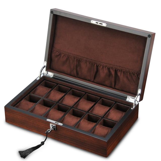 12 Slots Luxury Wooden Watch and Jewelry Organizer With Lock - Leather Purse Backpack