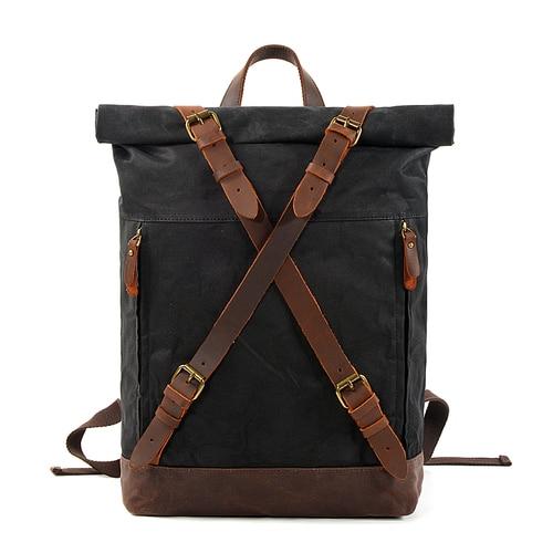 15-inch laptop backpack with waxed canvas and leather