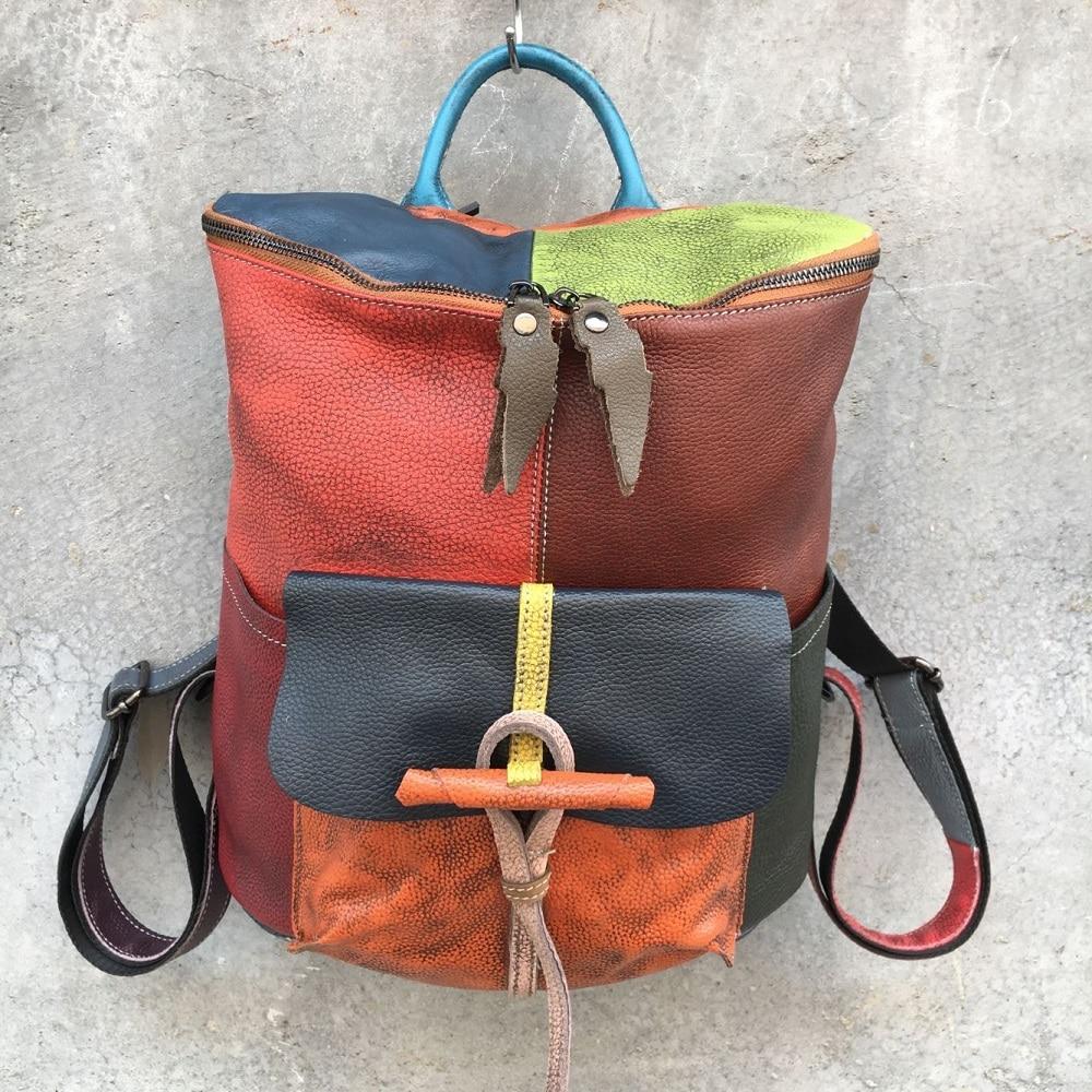 Colorful cowhide leather hiking backpack with patchwork pattern