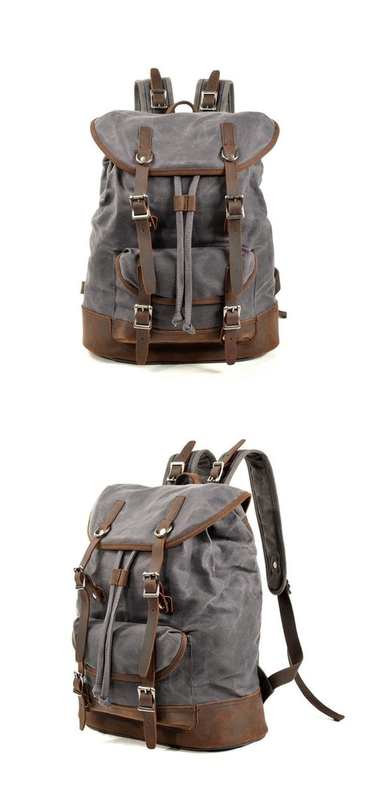 Retro European vintage canvas leather travel backpack 20-35L with string