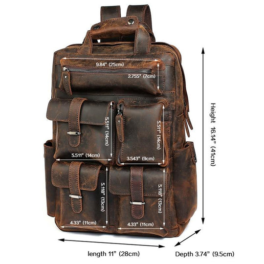 Retro style brown genuine leather 15.6 inch laptop travel backpack 20L