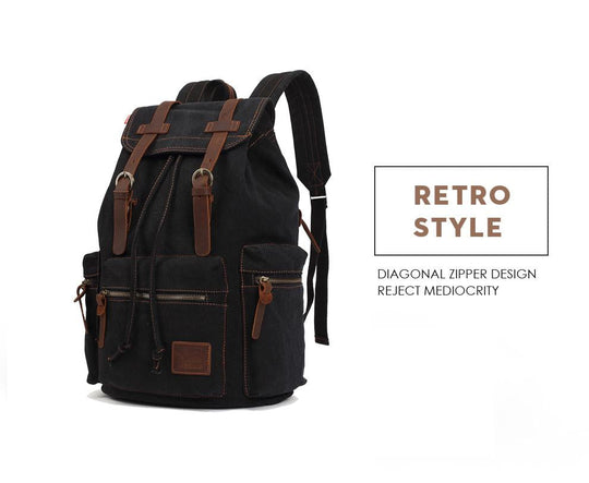 Retro canvas leather backpack with 17.7L capacity and drawstring