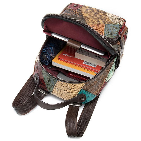 Men's genuine leather backpack with embossed floral design and patchwork