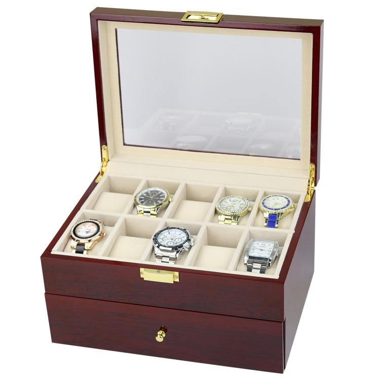 Dark Brown Wood Finish Watch Case Display 2 Layer Storage - Leather Purse Backpack