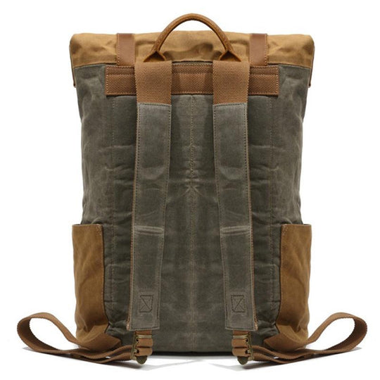 Men's brown/green canvas waxed leather backpack 20 liters