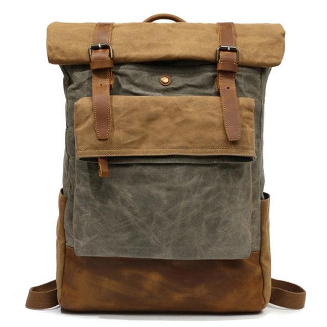 Retro style brown/green canvas waxed leather backpack 20L