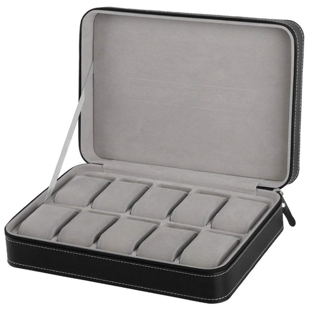 10 Slots Black Portable Travel Watch and Jewelry Storage Box - Leather Purse Backpack