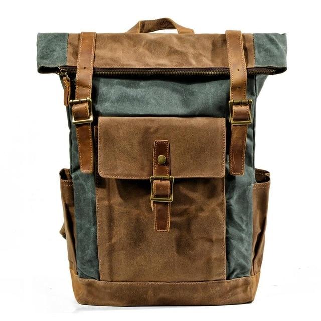 Genuine leather and oil-waxed canvas waterproof travel backpack