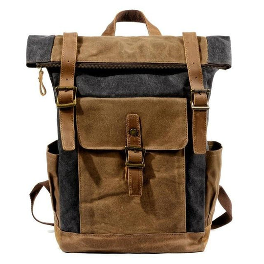 Oil-waxed canvas and leather waterproof travel backpack with vintage design