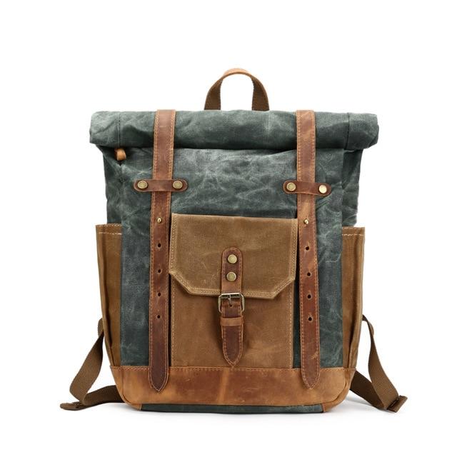 Large capacity waterproof canvas leather backpack for 14-inch laptop