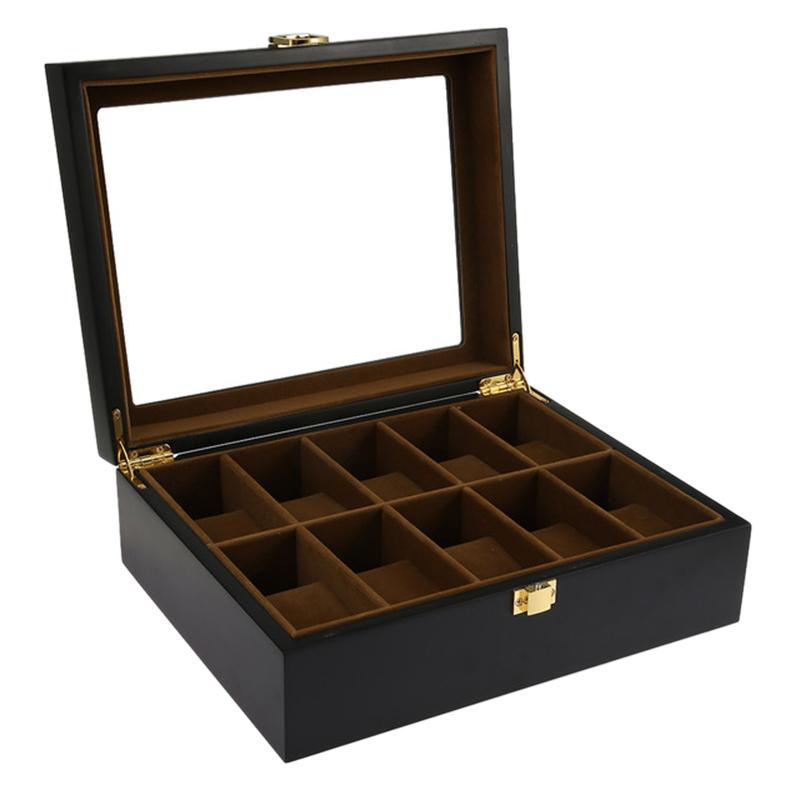 Black Wooden Watch Box Jewelry and Watch Organizer 10 Grids - Leather Purse Backpack