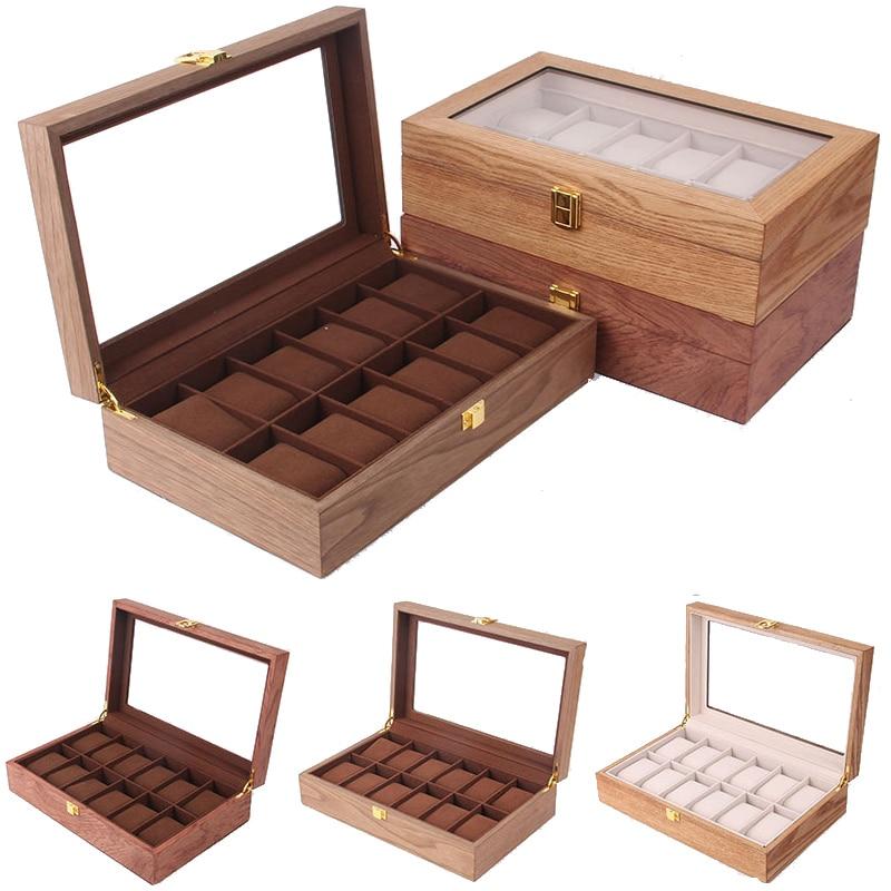 Brown Luxury 12 Grids Solid Wood Watch Storage Box - Leather Purse Backpack