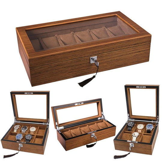 Brown and Black Handmade Wood Watch Storage Box with Key Locker