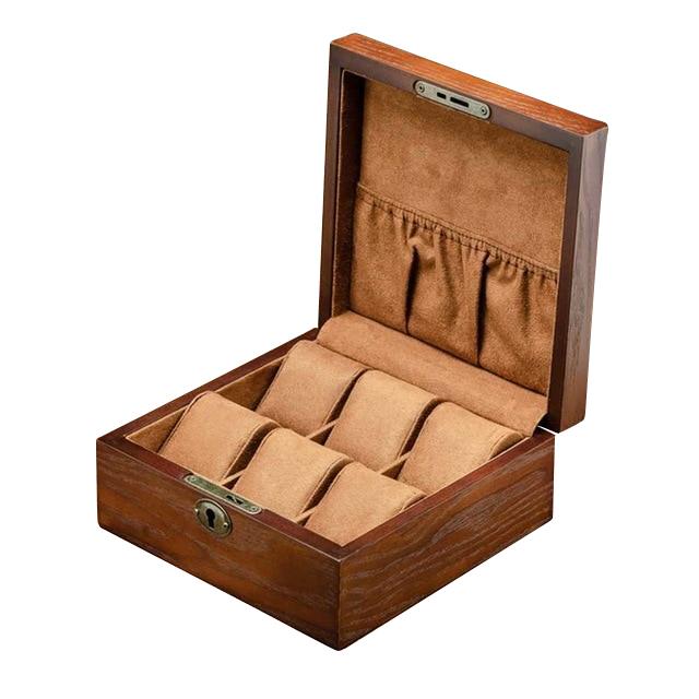 Brown Retro Wooden Watch and Jewelry Storage Box with Key - Leather Purse Backpack