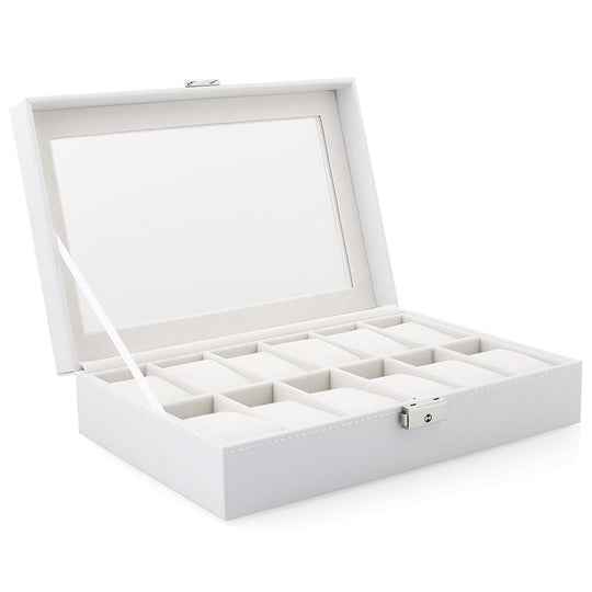 White Wood and Leather Watch Jewelry Storage Box