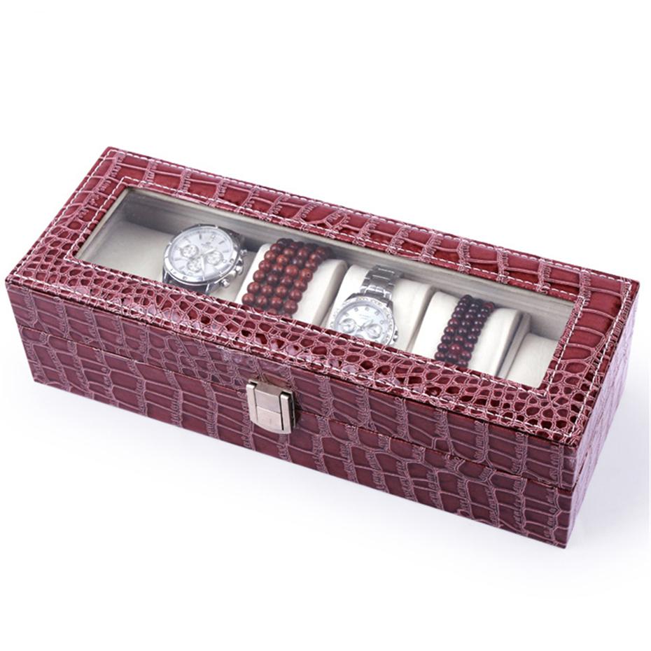 Burgundy Striped Leather Watch and Jewelry Display Storage Box