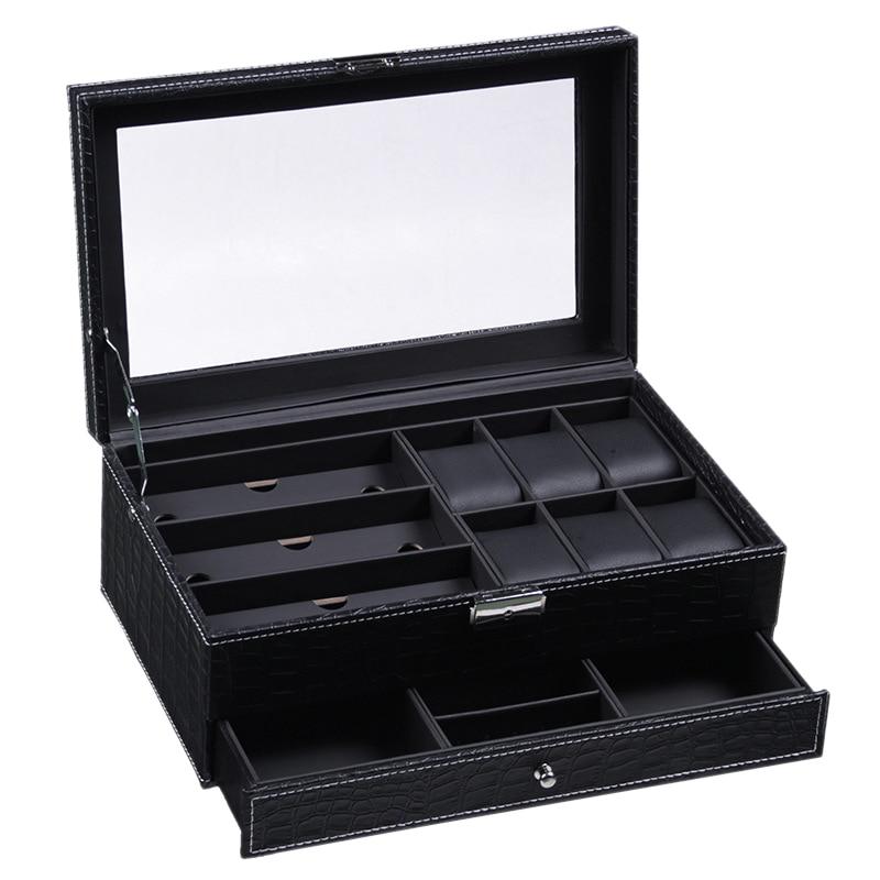 Black Leather Watch and Jewelry Multi-Functional Storage Box - Leather Purse Backpack