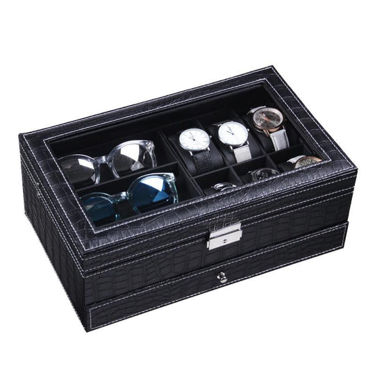 Black Leather Watch and Jewelry Multi-Functional Storage Box