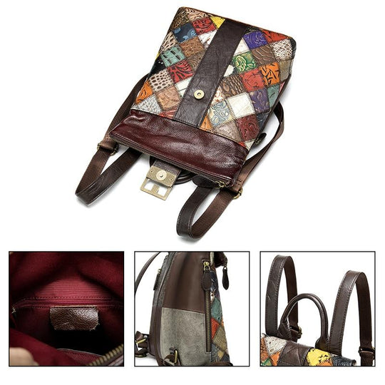 Trendy leather backpack with colorful patchwork design for ladies