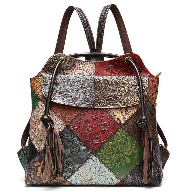 Floral embossed leather patchwork sling bag or backpack for women