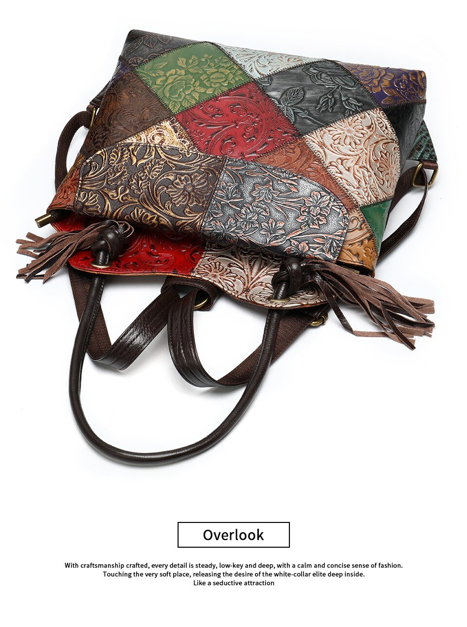 Vintage lady's sling bag or backpack with floral embossed patterns on leather patchwork