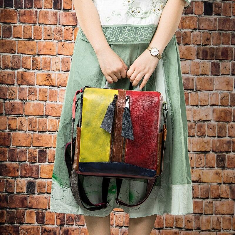 Vintage multi-color leather sling bag or backpack for girls in yellow, red, brown, and pink shades